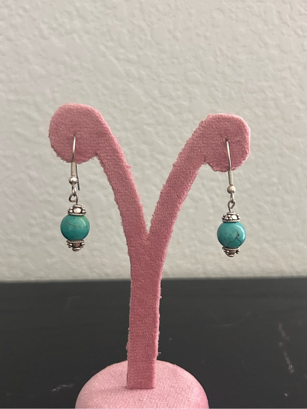Turquoise Bead & Silver Drop Dangle Earrings